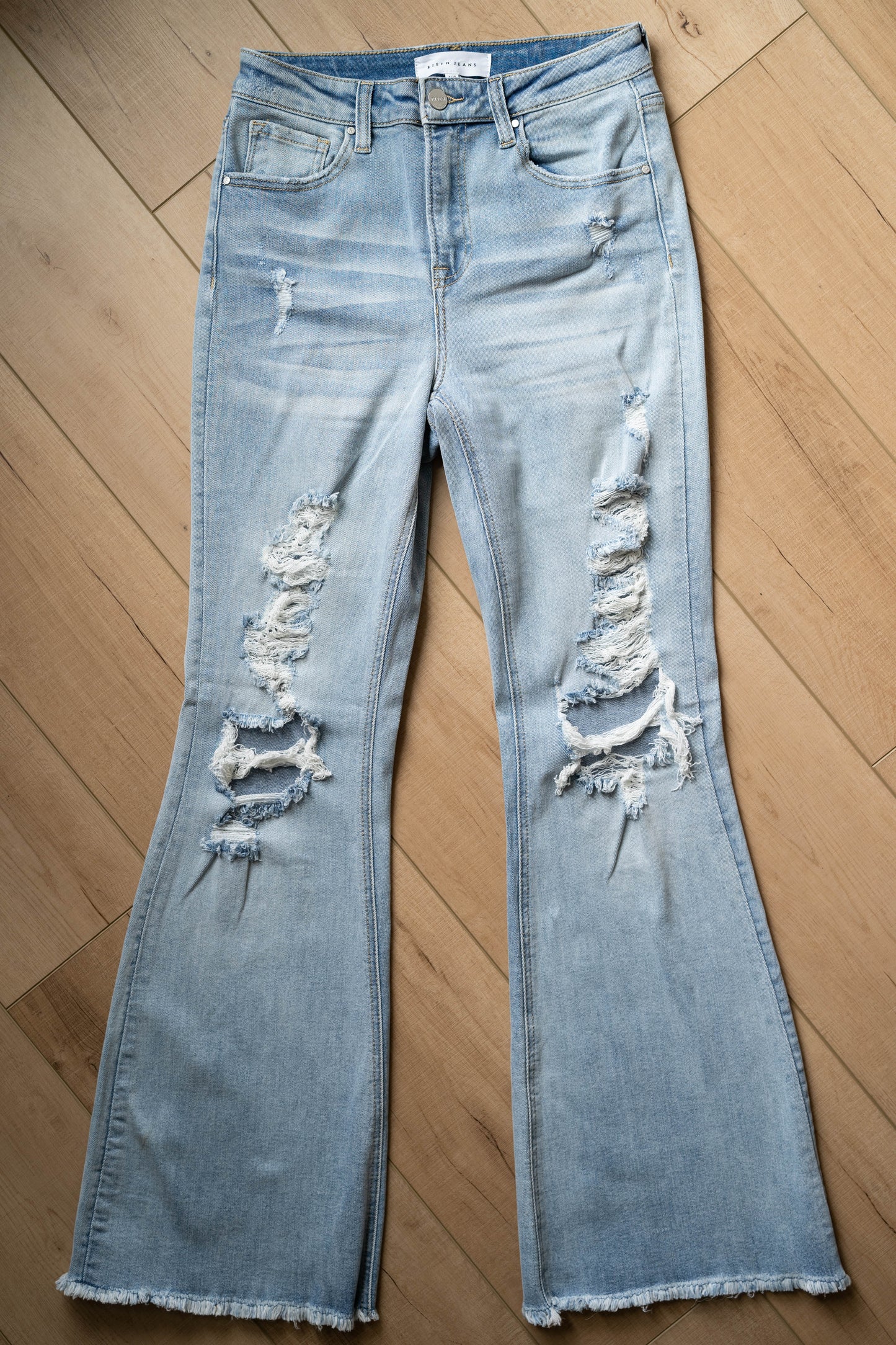 Risen Distressed Flare Jeans